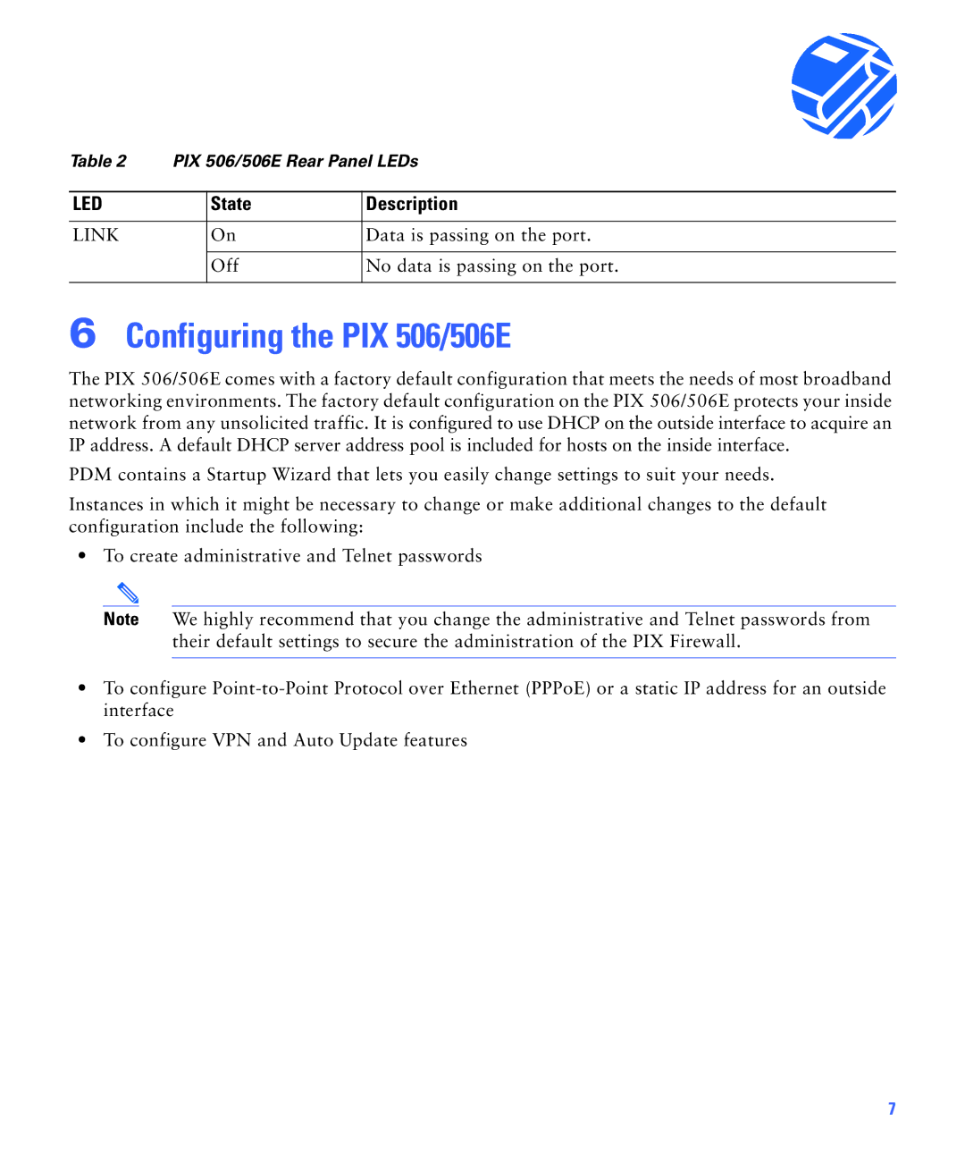 Cisco Systems PIX 506E quick start Configuring the PIX 506/506E 