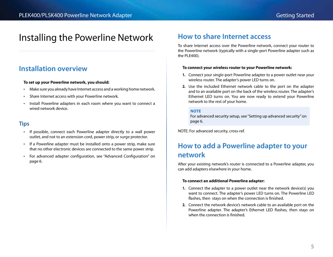 Cisco Systems PLEK400, PLSK400 Installing the Powerline Network, Installation.overview, How.to.share.Internet.access, Tips 