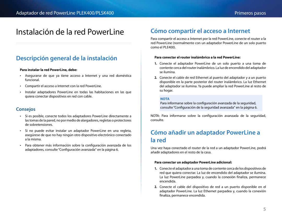 Cisco Systems PLEK400, PLSK400 manual Instalación de la red PowerLine, Descripción general de la instalación, Consejos 