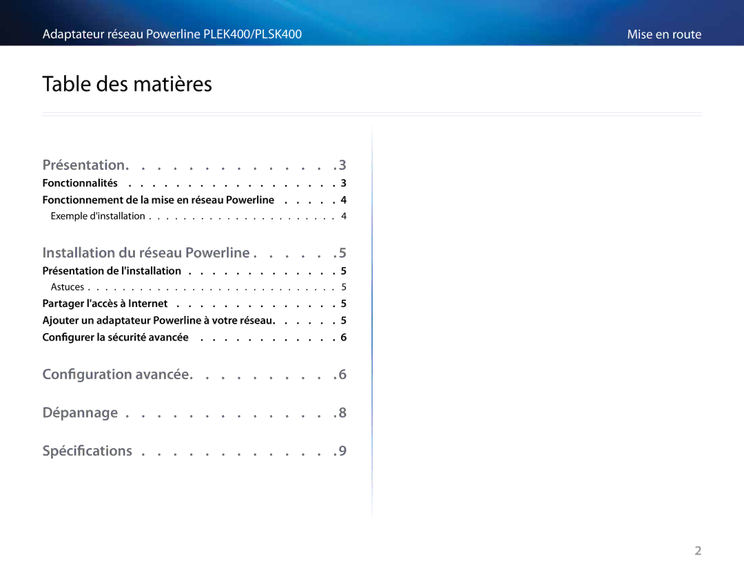 Cisco Systems PLSK400, PLEK400 manual Table des matières, Présentation, Installation du réseau Powerline 