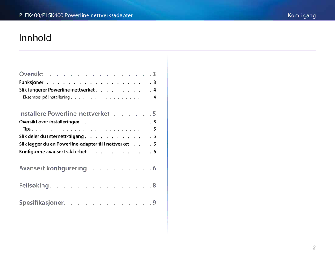 Cisco Systems PLSK400, PLEK400 manual Innhold, Oversikt, Installere .Powerline-nettverket, Avansert .konfigurering 