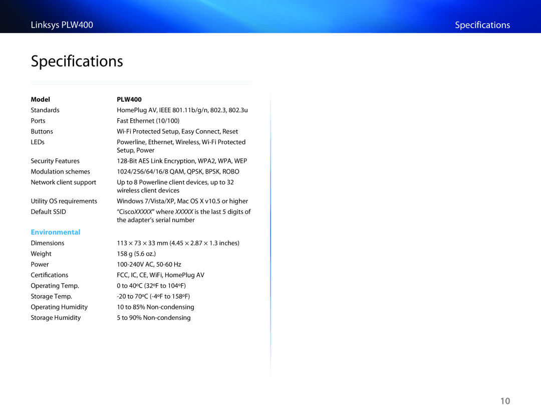 Cisco Systems manual Specifications, Model PLW400 