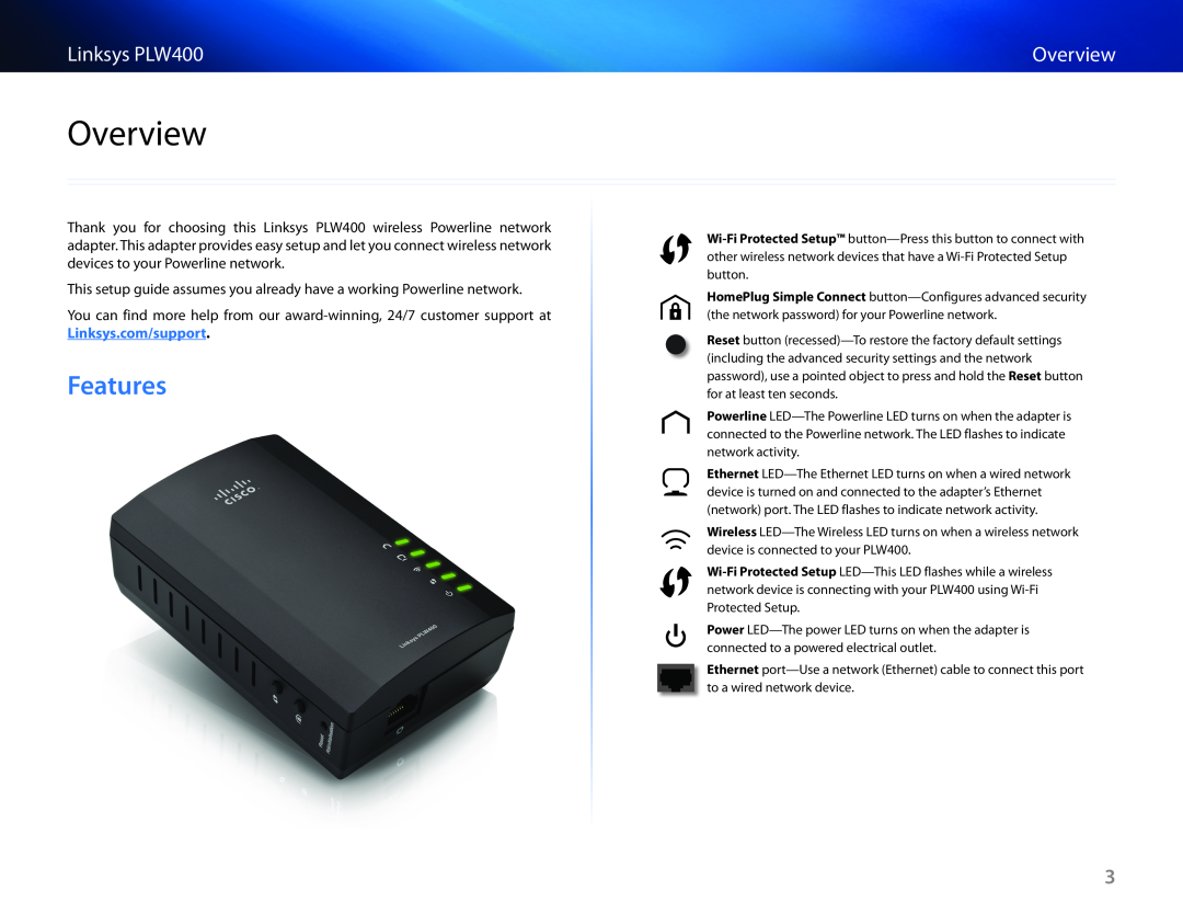 Cisco Systems manual Overview, Features, Linksys.com/support, Linksys PLW400 