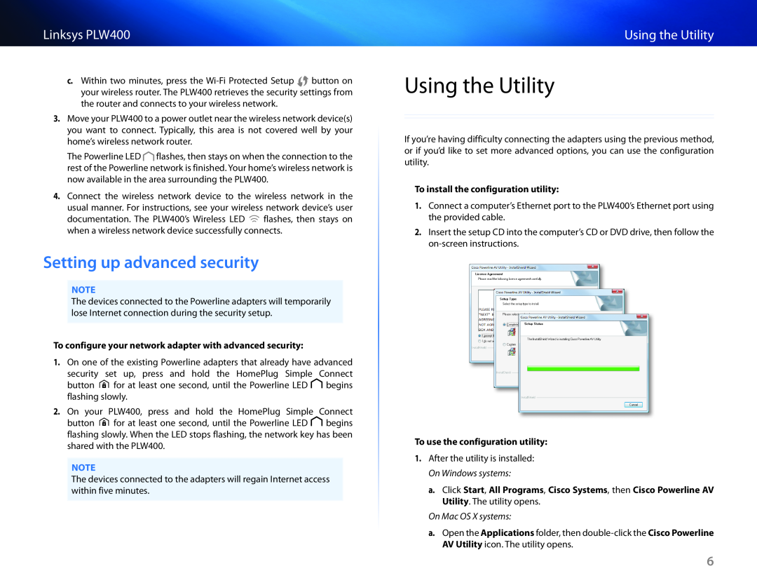 Cisco Systems Using the Utility, Setting.up.advanced.security, To install the configuration utility, Linksys PLW400 