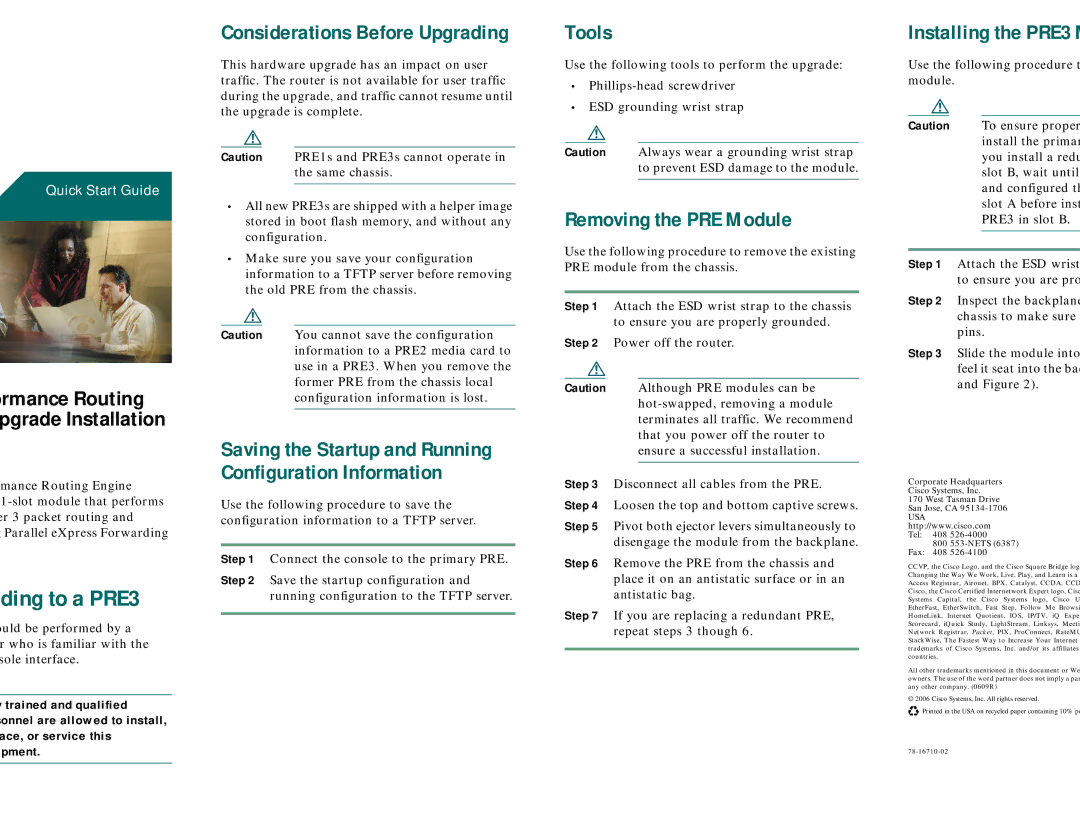 Cisco Systems PRE1s, PRE3s quick start Ding to a PRE3, Considerations Before Upgrading, Tools, Removing the PRE Module 