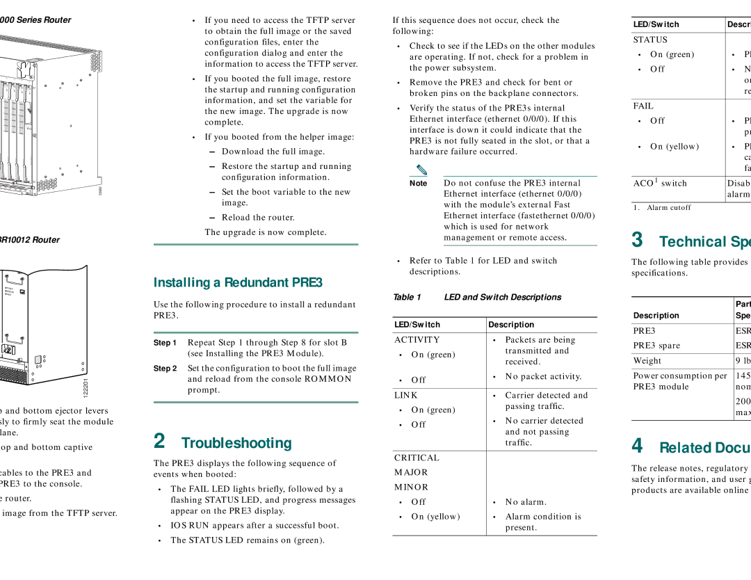 Cisco Systems PRE3s, PRE1s quick start Troubleshooting, Installing a Redundant PRE3 