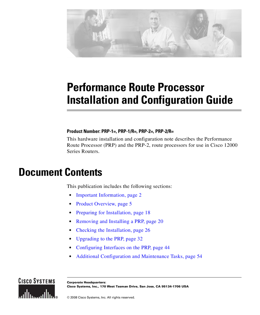 Cisco Systems PRP-1/R=, PRP-1=, PRP-2=, PRP-2/R= manual Document Contents 