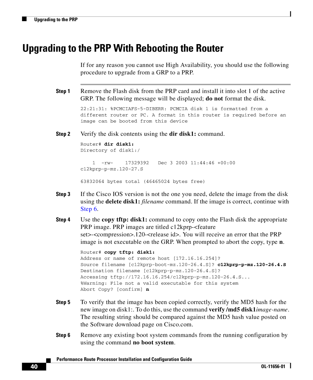 Cisco Systems PRP-1= Upgrading to the PRP With Rebooting the Router, Verify the disk contents using the dir disk1 command 