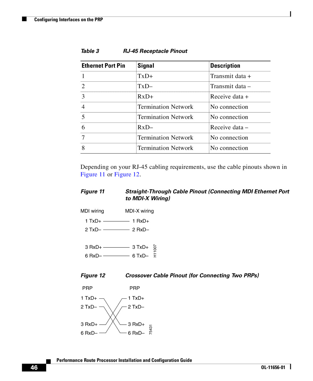 Cisco Systems PRP-2=, PRP-1=, PRP-1/R= Ethernet Port Pin Signal Description, Crossover Cable Pinout for Connecting Two PRPs 