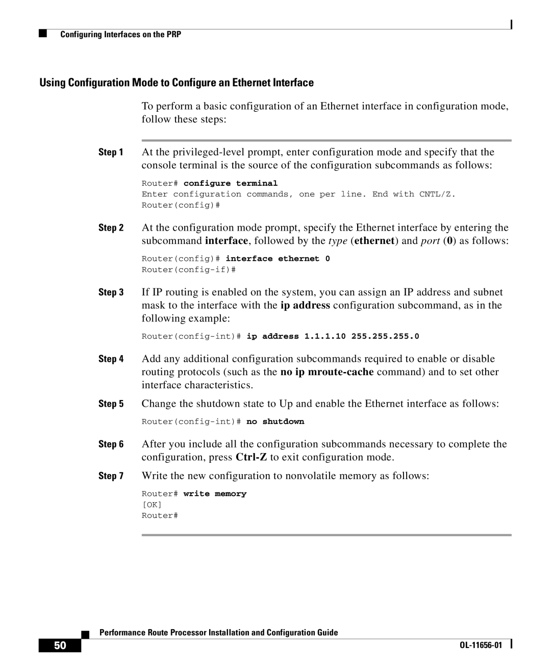 Cisco Systems PRP-2=, PRP-1=, PRP-1/R=, PRP-2/R= manual Using Configuration Mode to Configure an Ethernet Interface 