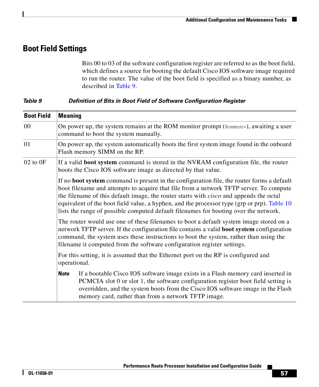 Cisco Systems PRP-1/R=, PRP-1=, PRP-2=, PRP-2/R= manual Boot Field Settings, Described in Table, Boot Field Meaning 