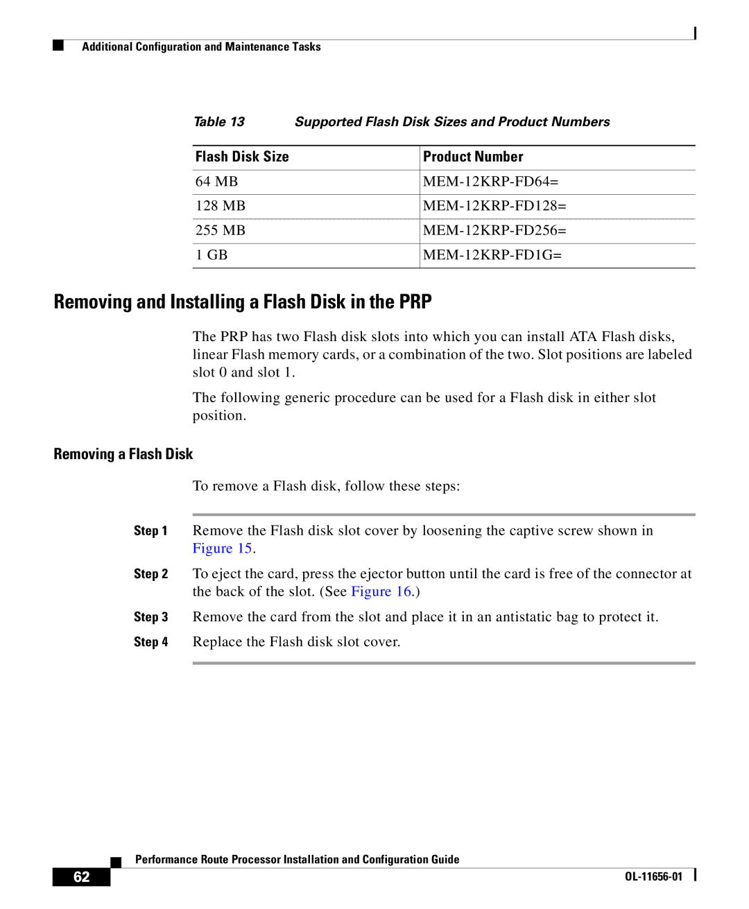 Cisco Systems PRP-2=, PRP-1=, PRP-1/R=, PRP-2/R= manual Removing and Installing a Flash Disk in the PRP, Product Number 