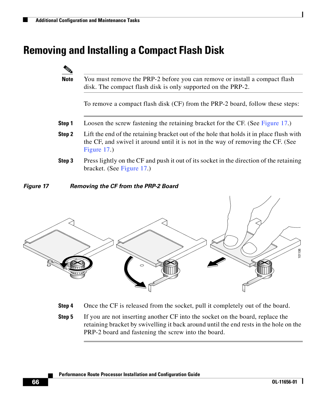 Cisco Systems PRP-2=, PRP-1=, PRP-1/R= Removing and Installing a Compact Flash Disk, Removing the CF from the PRP-2 Board 