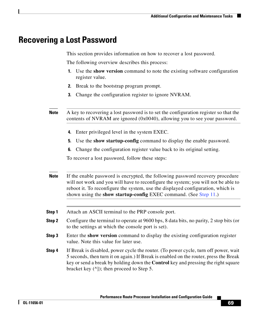 Cisco Systems PRP-1/R=, PRP-1=, PRP-2=, PRP-2/R= manual Recovering a Lost Password 