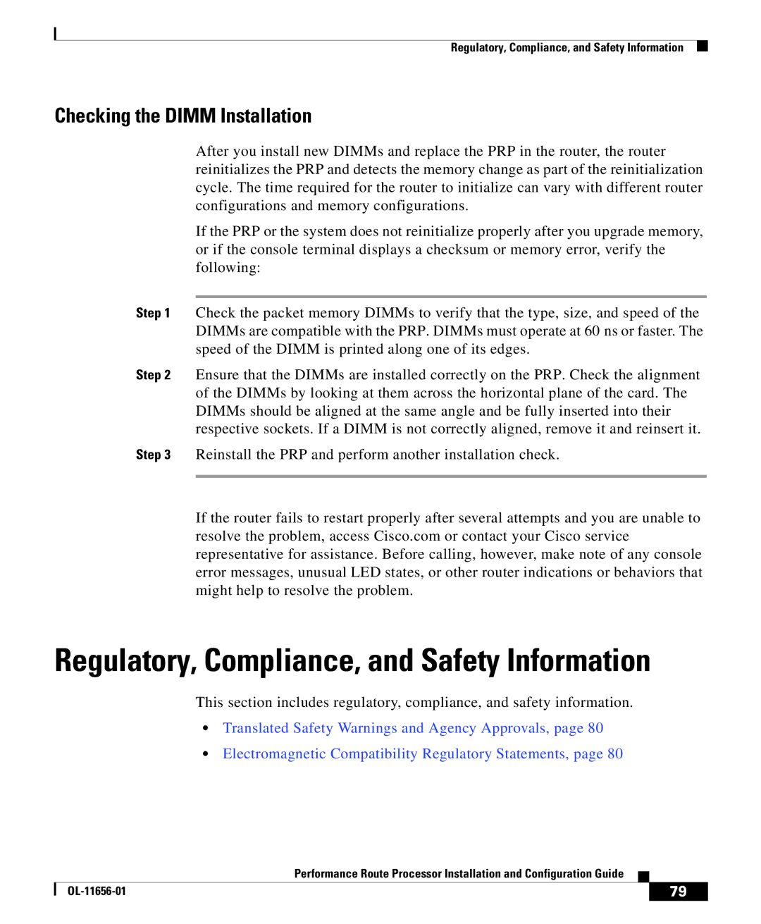 Cisco Systems PRP-2/R=, PRP-1=, PRP-1/R= Regulatory, Compliance, and Safety Information, Checking the Dimm Installation 