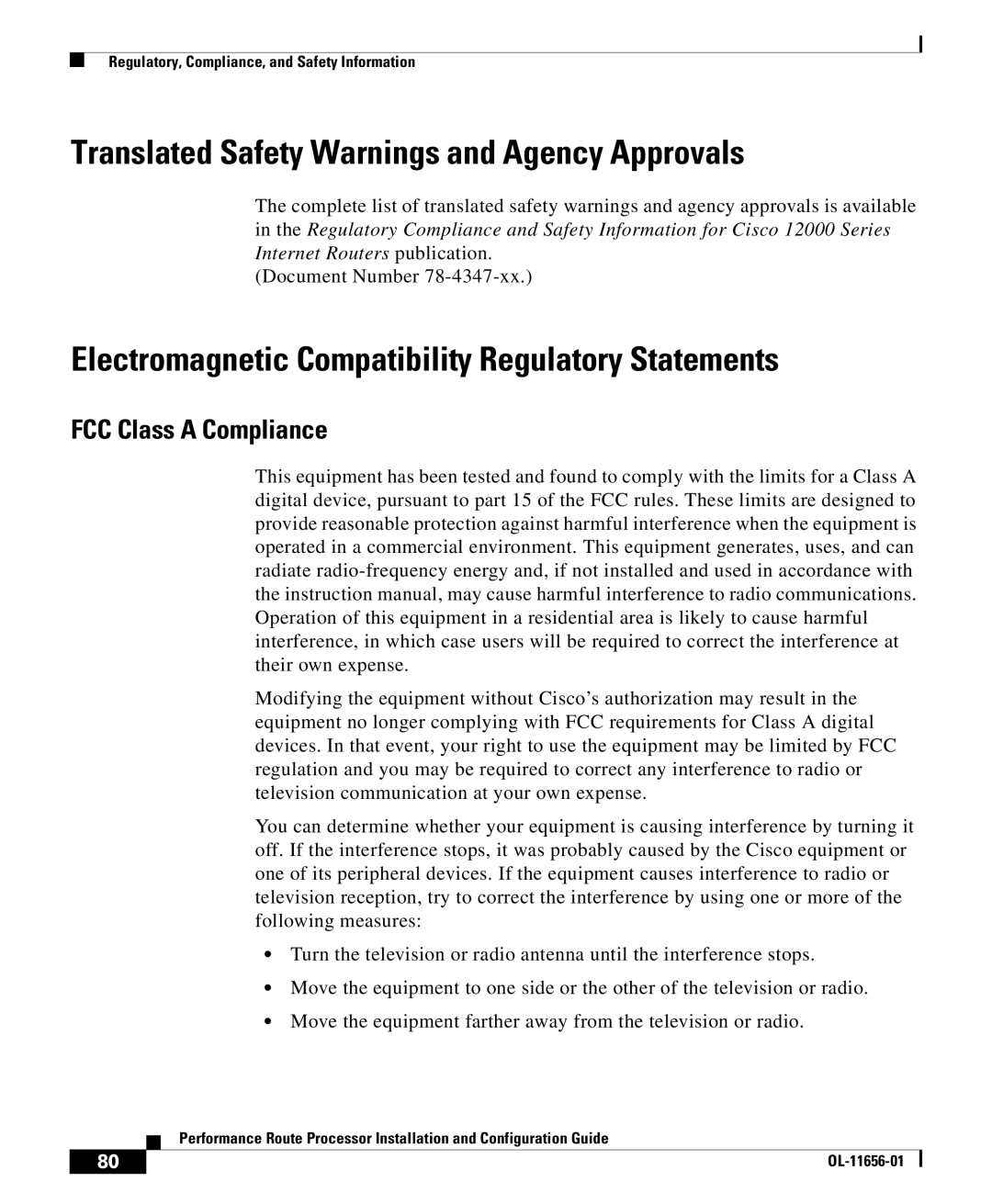 Cisco Systems PRP-1= Translated Safety Warnings and Agency Approvals, Electromagnetic Compatibility Regulatory Statements 