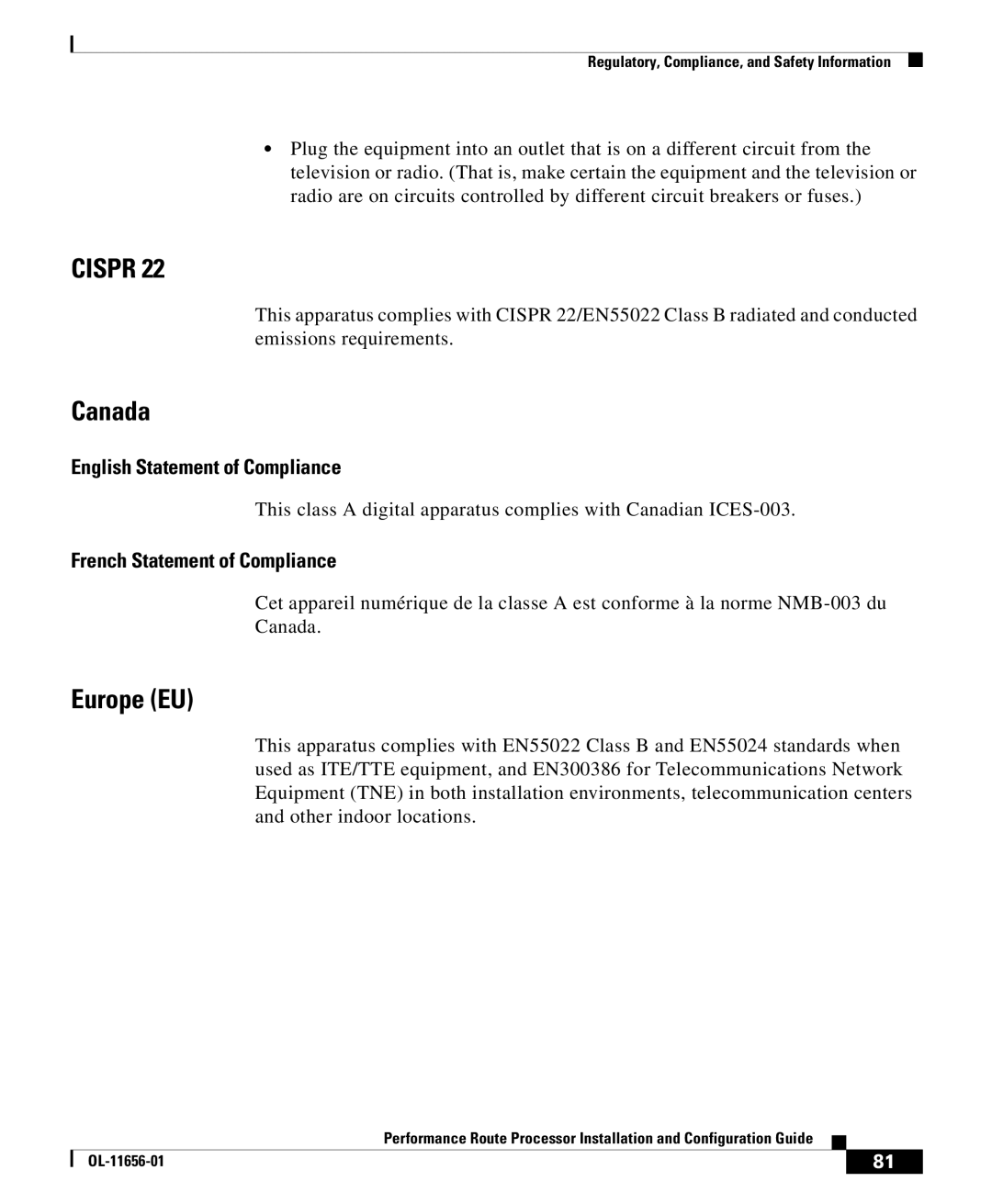 Cisco Systems PRP-1/R=, PRP-1=, PRP-2=, PRP-2/R= manual Canada, Europe EU 