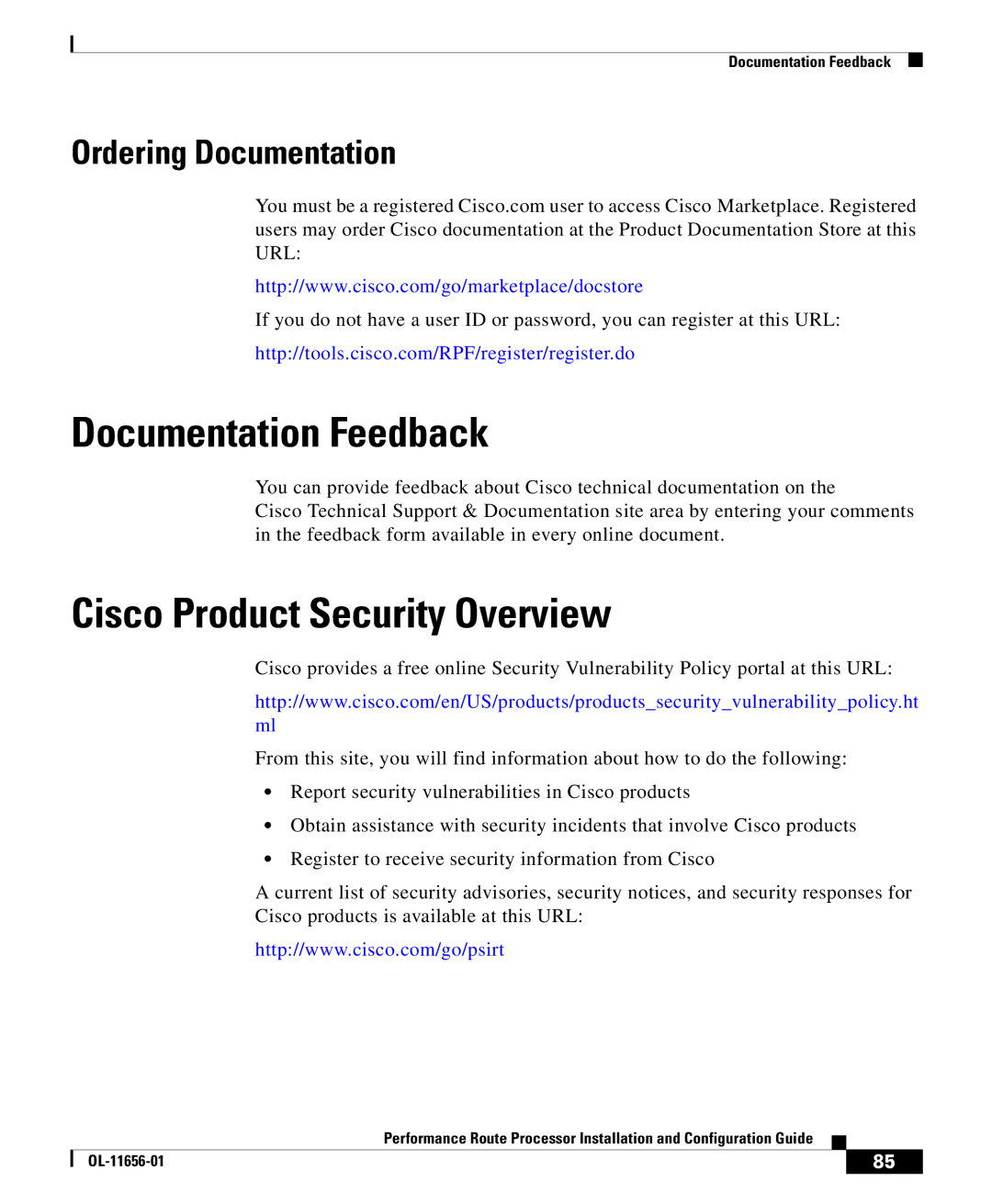 Cisco Systems PRP-1/R=, PRP-1=, PRP-2= manual Documentation Feedback, Cisco Product Security Overview, Ordering Documentation 