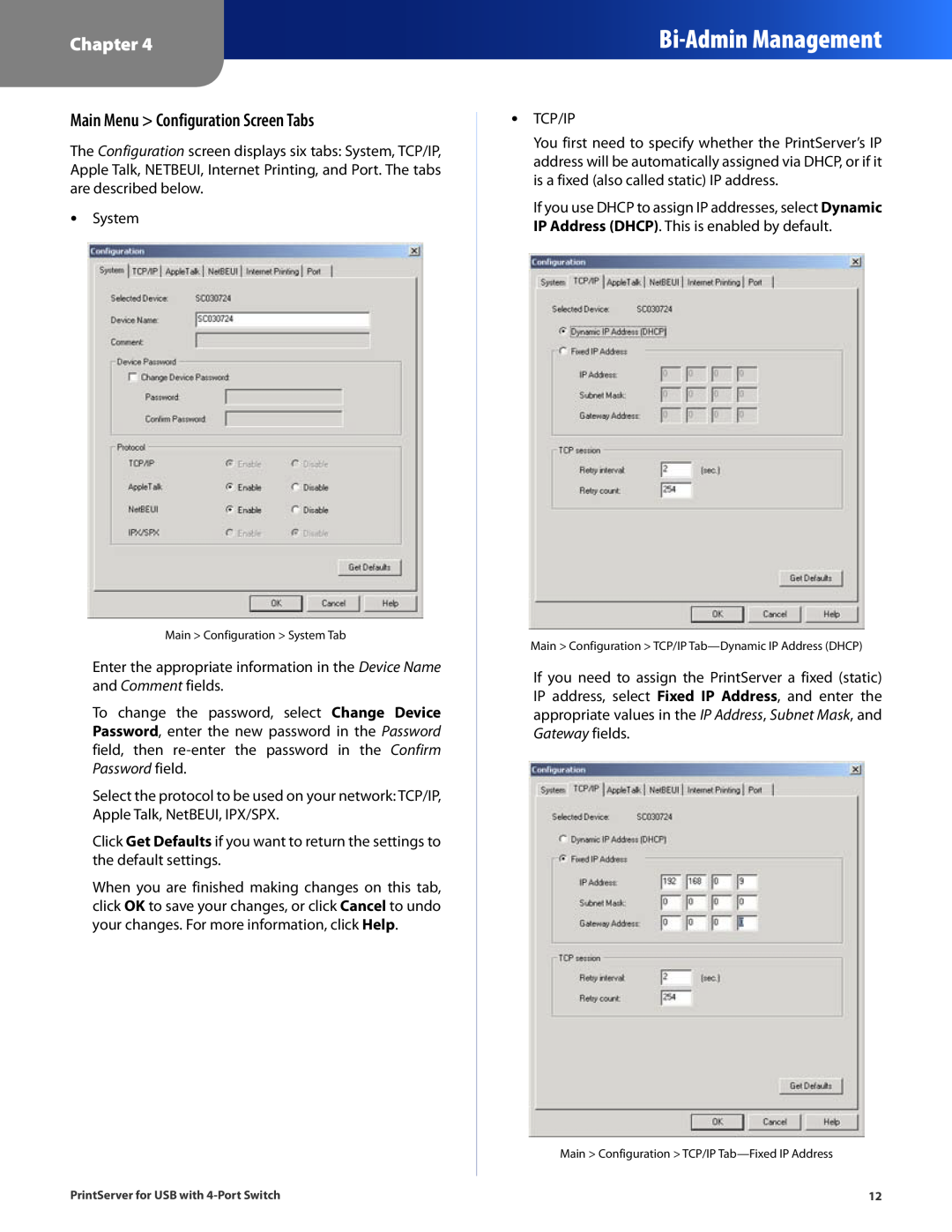 Cisco Systems PSUS4 manual Main Menu Configuration Screen Tabs, Bi-Admin Management, Chapter 