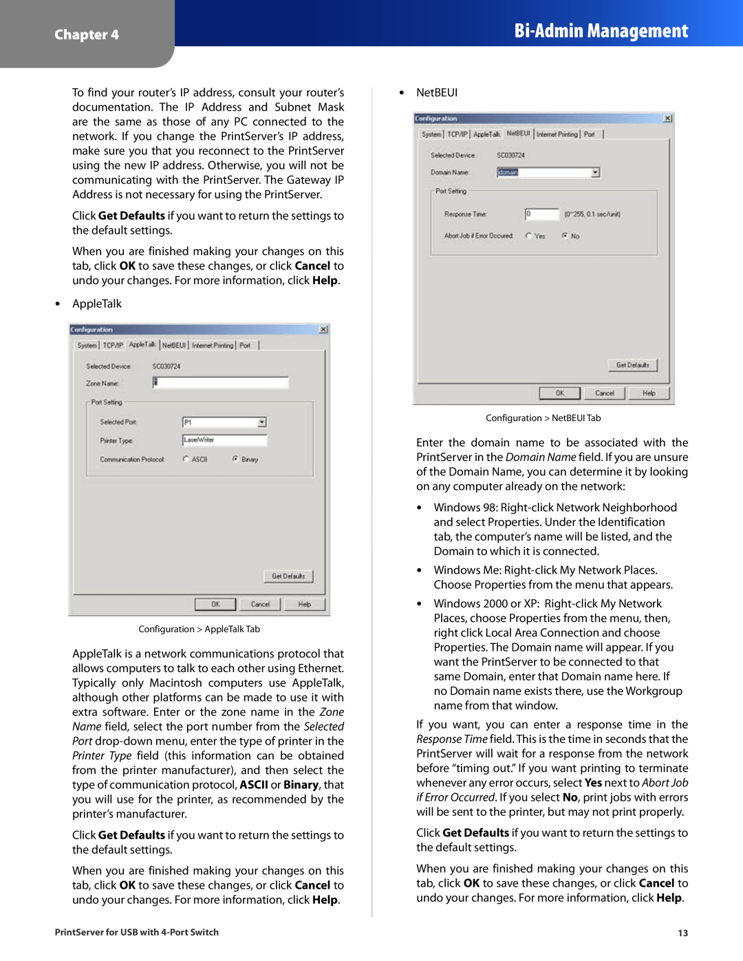 Cisco Systems PSUS4 manual Bi-Admin Management, Chapter, Configuration AppleTalk Tab, Configuration NetBEUI Tab 