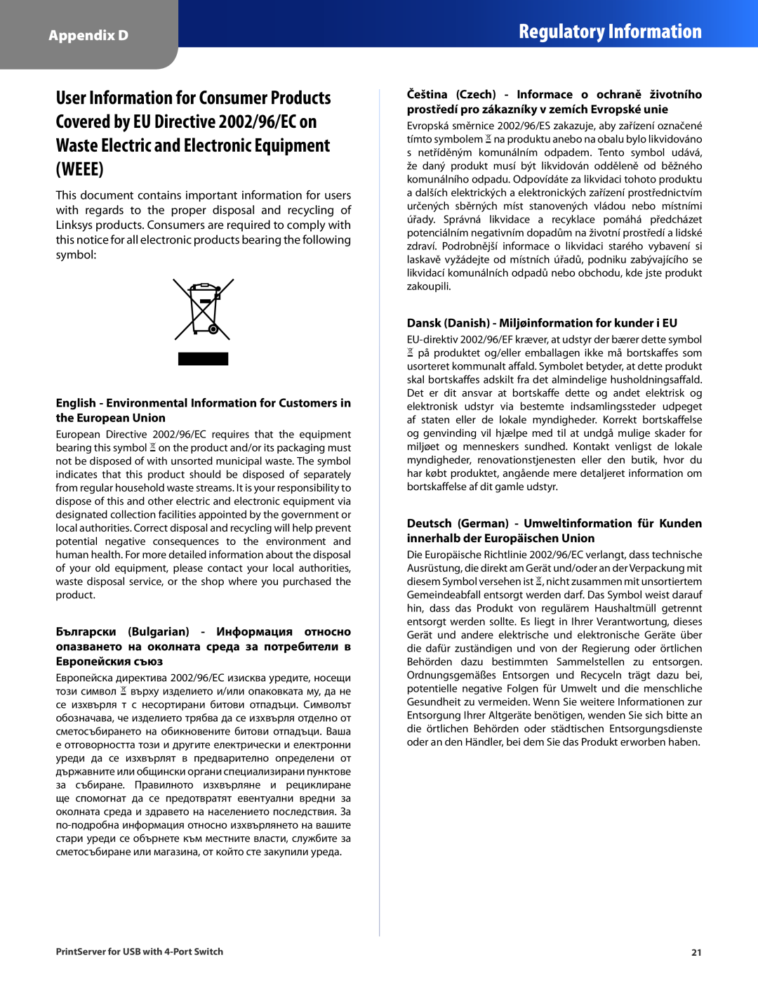 Cisco Systems PSUS4 manual Regulatory Information, Appendix D, Dansk Danish - Miljøinformation for kunder i EU 