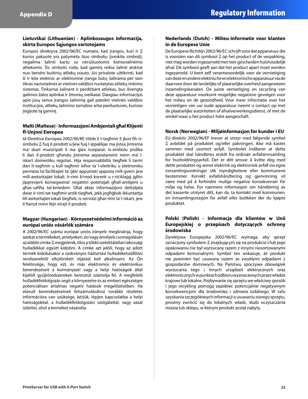 Cisco Systems PSUS4 manual Regulatory Information, Appendix D 