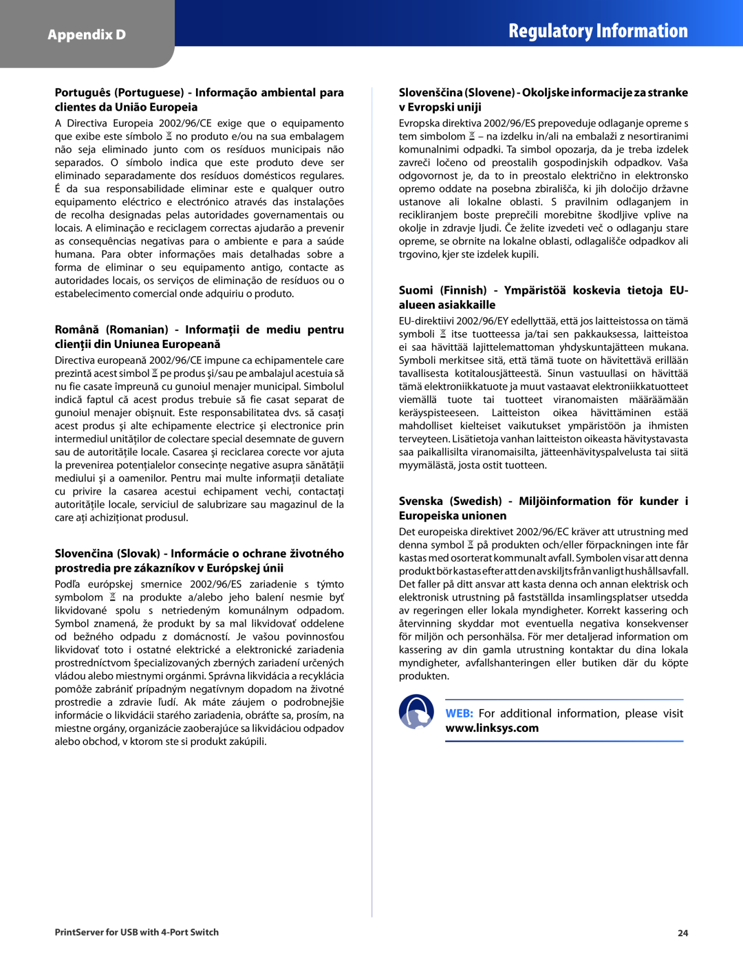 Cisco Systems PSUS4 Regulatory Information, Appendix D, Suomi Finnish - Ympäristöä koskevia tietoja EU- alueen asiakkaille 