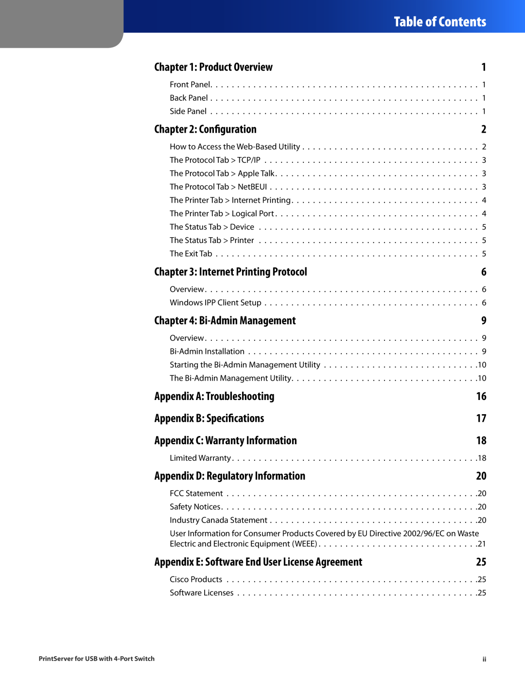 Cisco Systems PSUS4 Table of Contents, Product Overview, Configuration, Bi-Admin Management, Appendix A Troubleshooting 