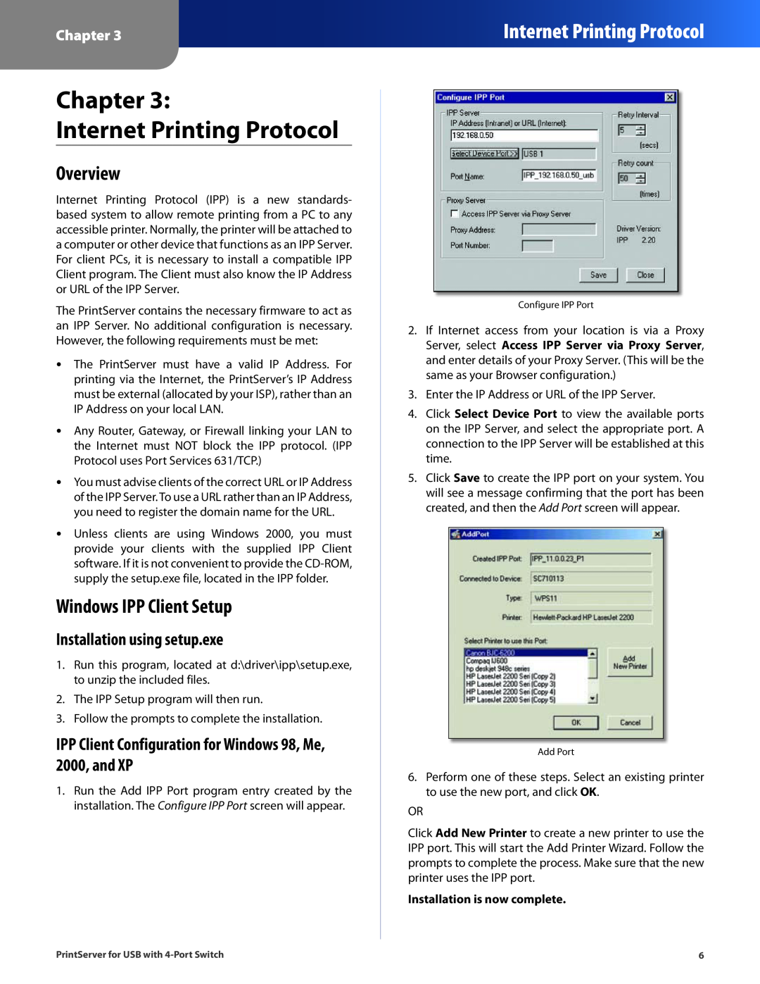 Cisco Systems PSUS4 Chapter Internet Printing Protocol, Overview, Windows IPP Client Setup, Installation using setup.exe 