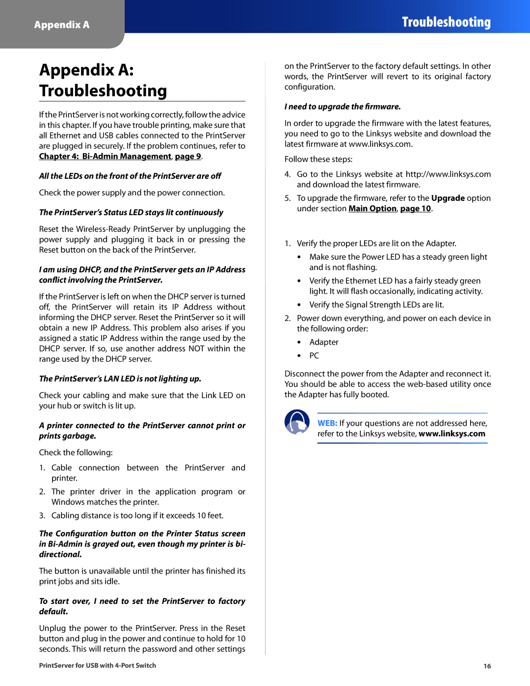 Cisco Systems PSUS4 manual Appendix a Troubleshooting, PrintServer’s Status LED stays lit continuously 