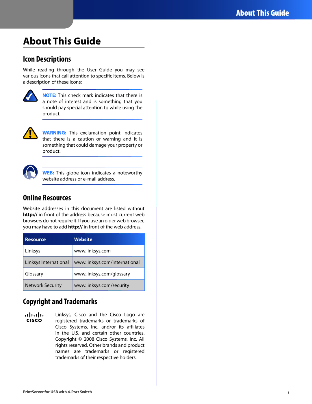 Cisco Systems PSUS4 manual About This Guide, Icon Descriptions, Online Resources, Copyright and Trademarks 