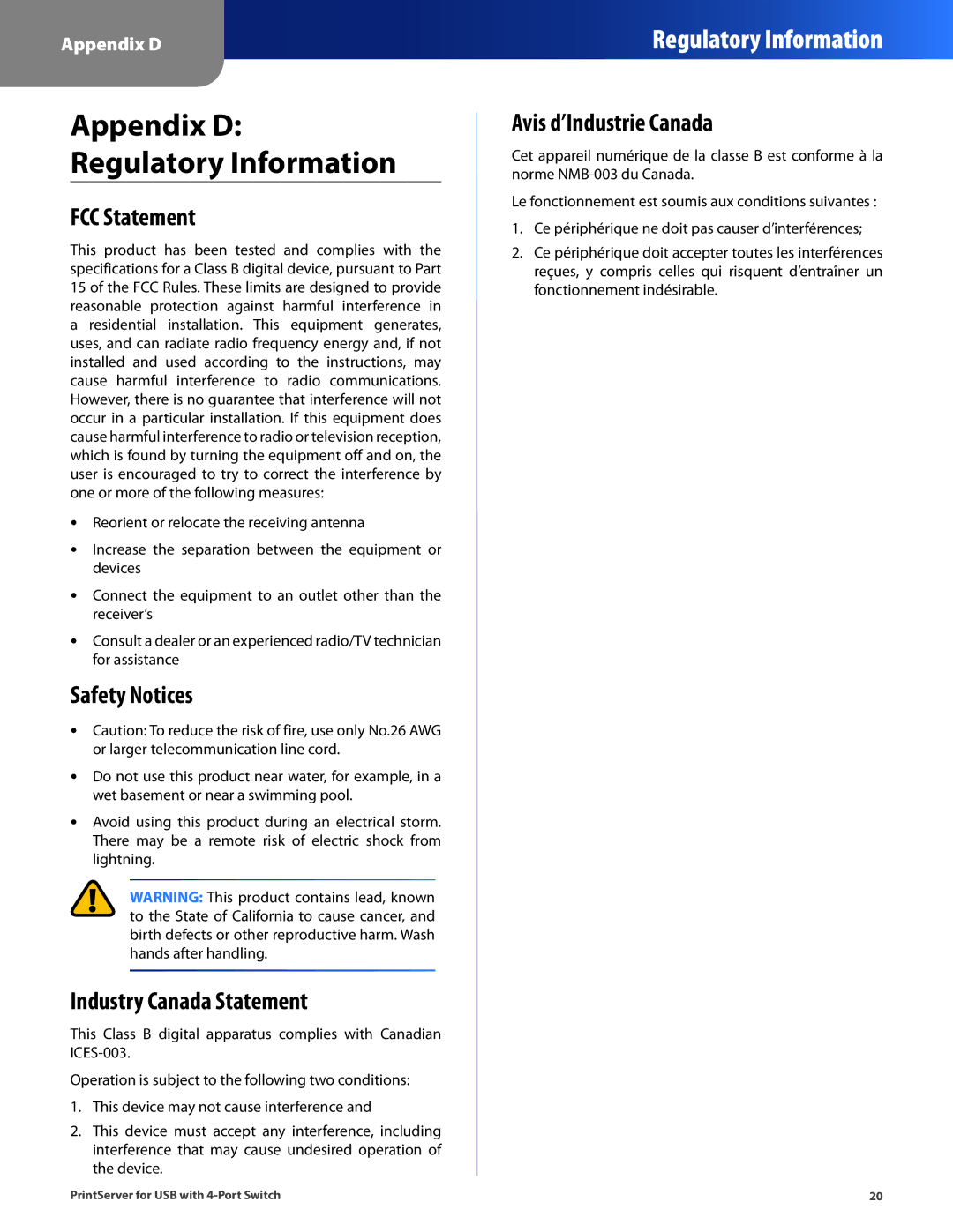 Cisco Systems PSUS4 manual FCC Statement, Safety Notices, Industry Canada Statement, Avis d’Industrie Canada 