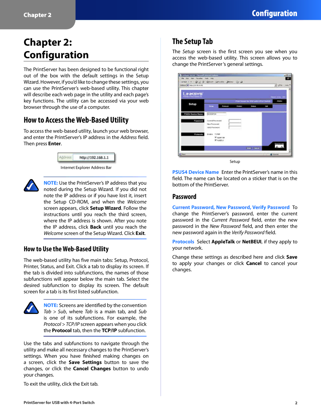 Cisco Systems PSUS4 manual Chapter Configuration, How to Access the Web-Based Utility, Setup Tab, Password 