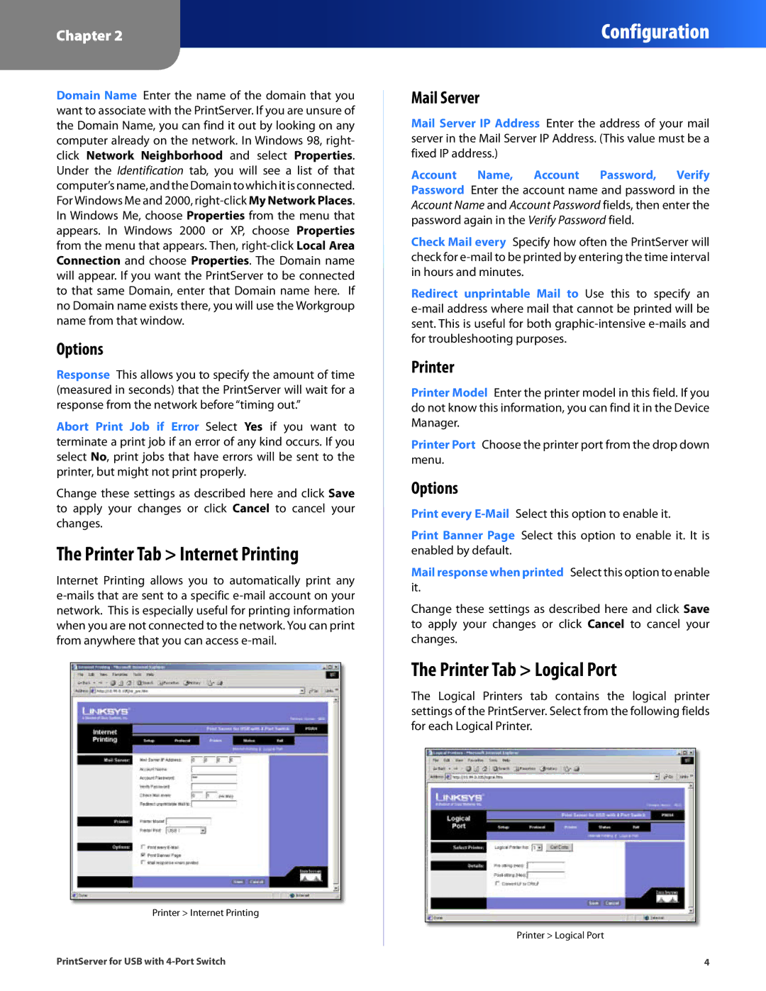 Cisco Systems PSUS4 manual Printer Tab Internet Printing, Printer Tab Logical Port, Options, Mail Server 