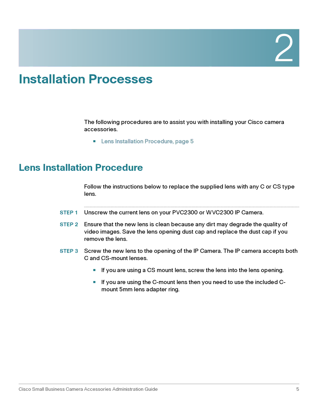 Cisco Systems PVC2300 manual Installation Processes, Lens Installation Procedure 