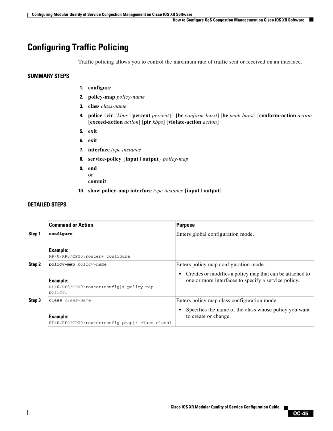 Cisco Systems QC-29 manual Configuring Traffic Policing, QC-45 