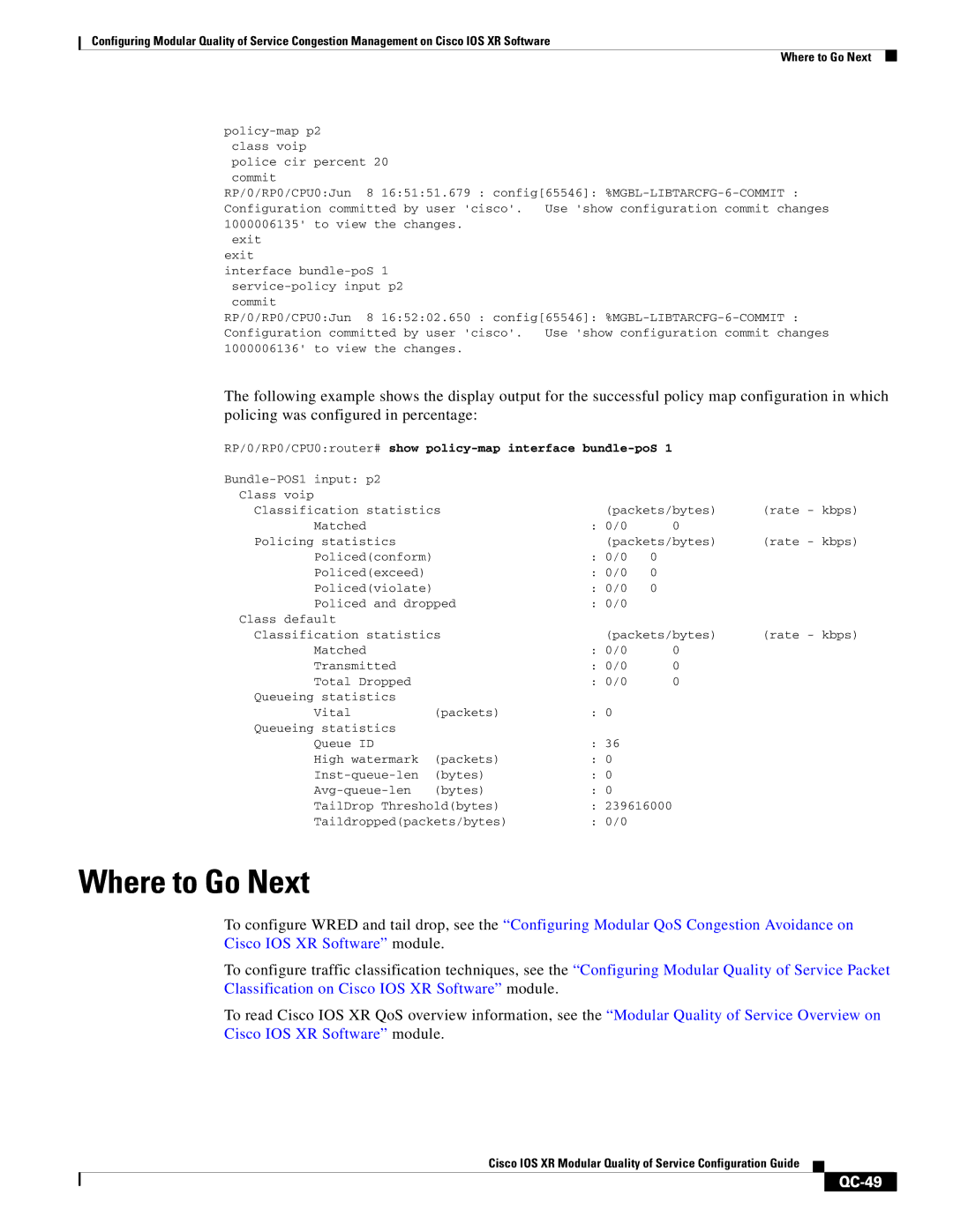 Cisco Systems QC-29 manual QC-49, RP/0/RP0/CPU0router# show policy-map interface bundle-poS 