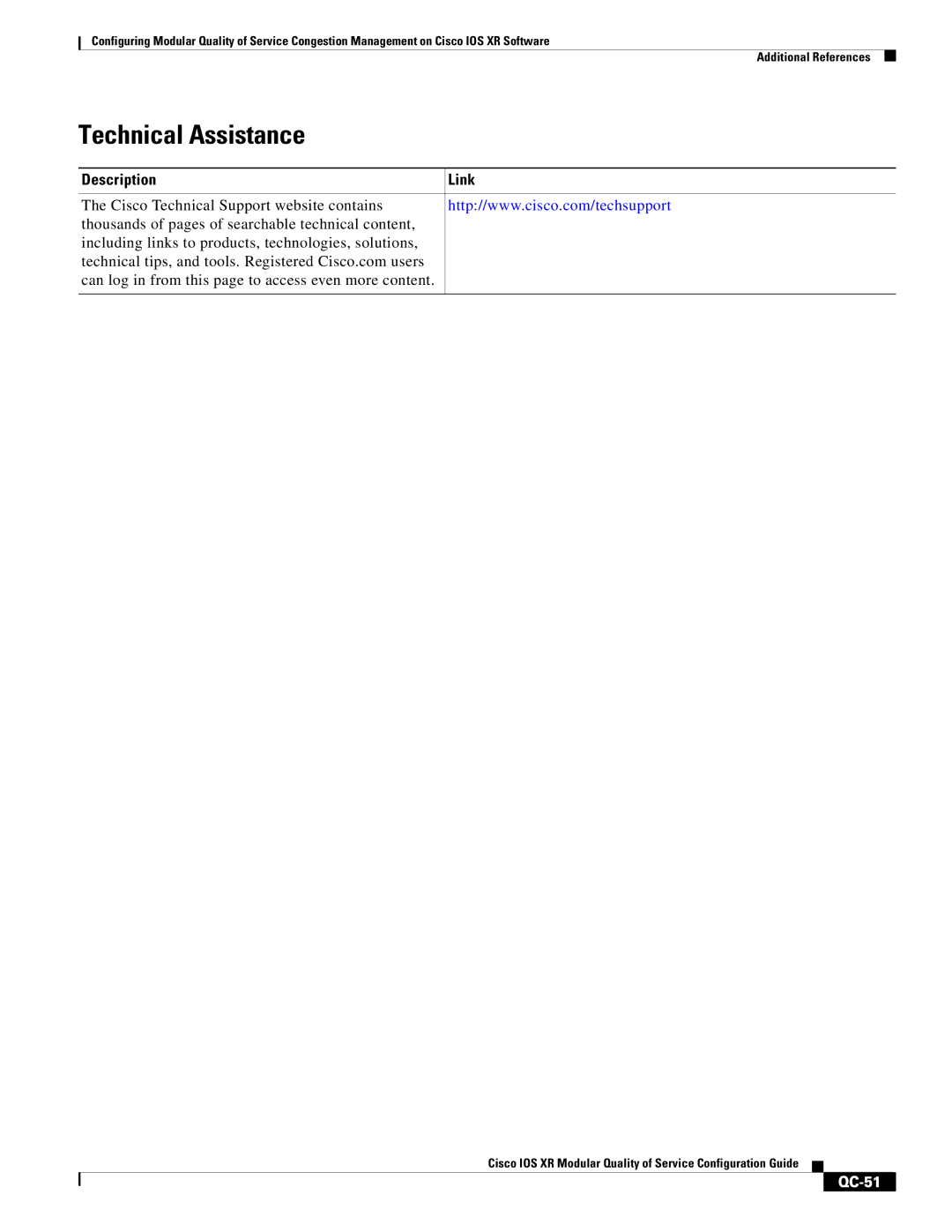 Cisco Systems QC-29 manual Technical Assistance, Description Link, QC-51 