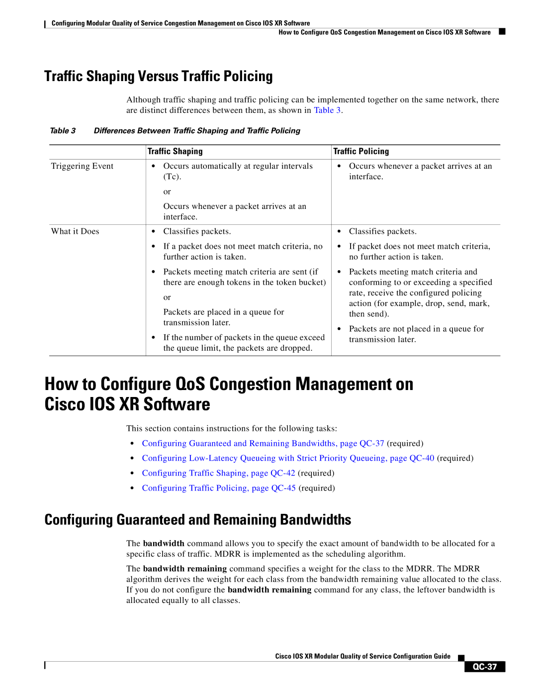 Cisco Systems QC-29 manual Traffic Shaping Versus Traffic Policing, Configuring Guaranteed and Remaining Bandwidths, QC-37 