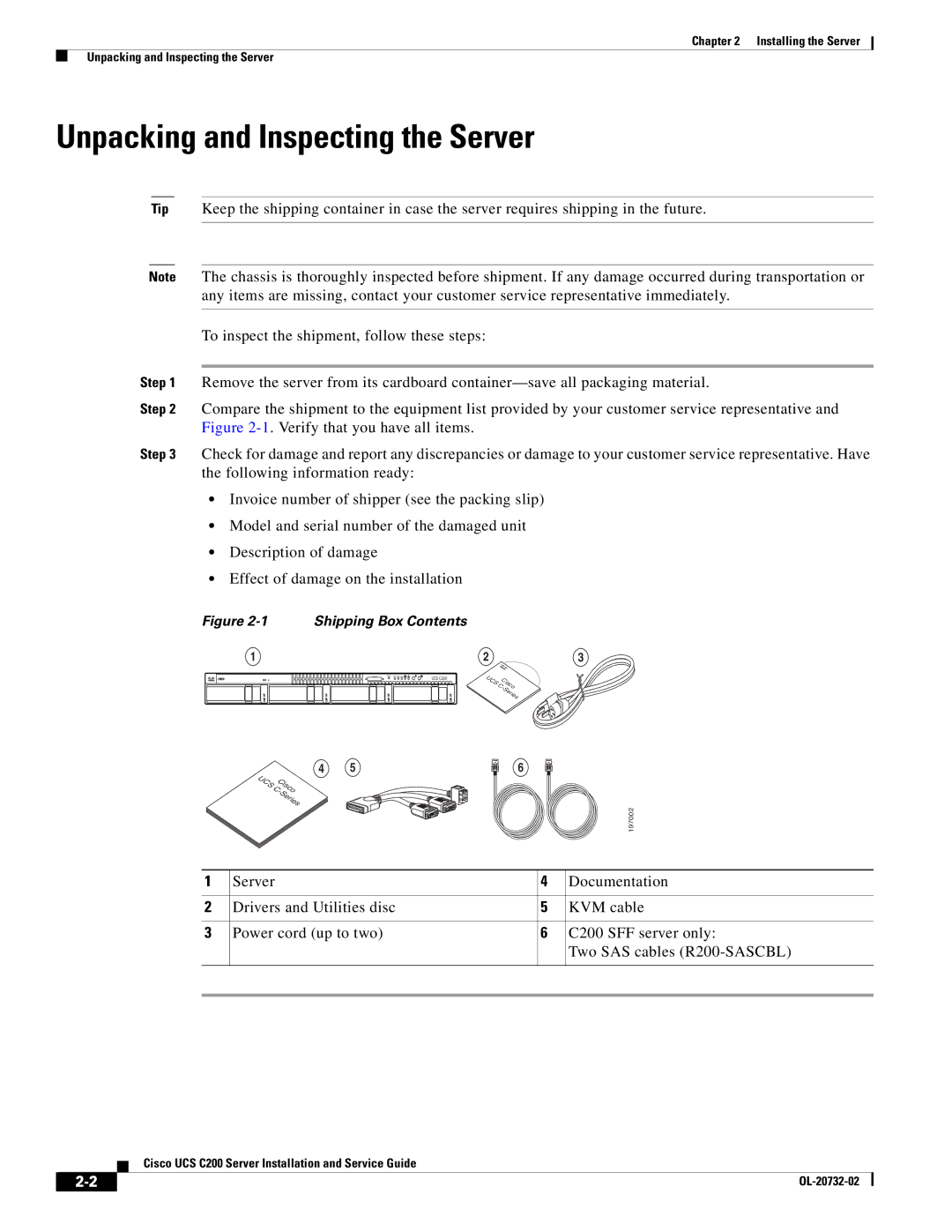 Cisco Systems UCS C200 M1, R2001120402 manual Unpacking and Inspecting the Server, Shipping Box Contents 