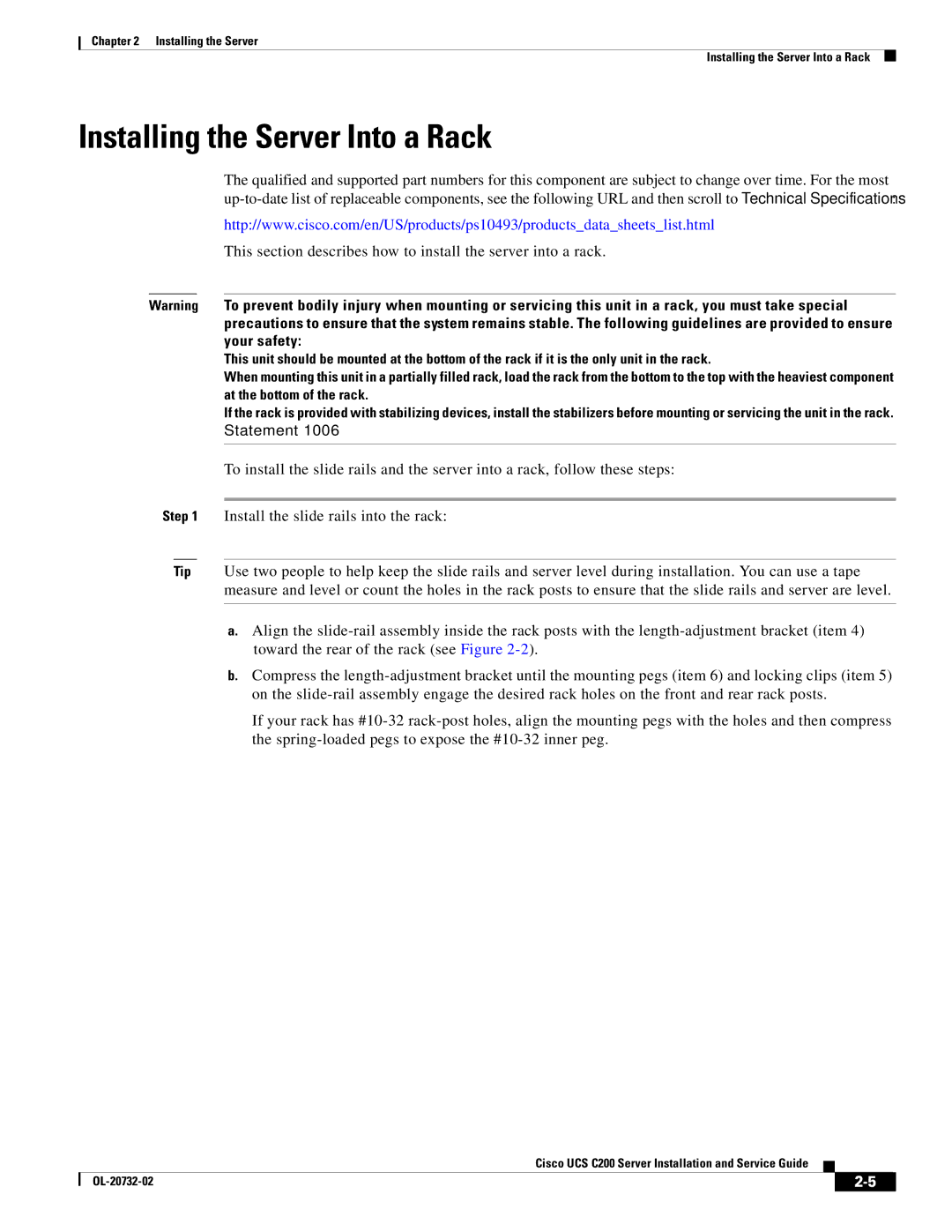 Cisco Systems UCS C200 M1, R2001120402 manual Installing the Server Into a Rack 