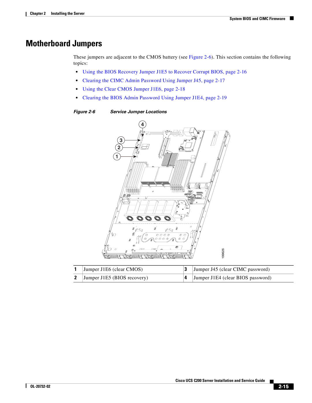 Cisco Systems R2001120402, UCS C200 M1 manual Motherboard Jumpers, Service Jumper Locations 