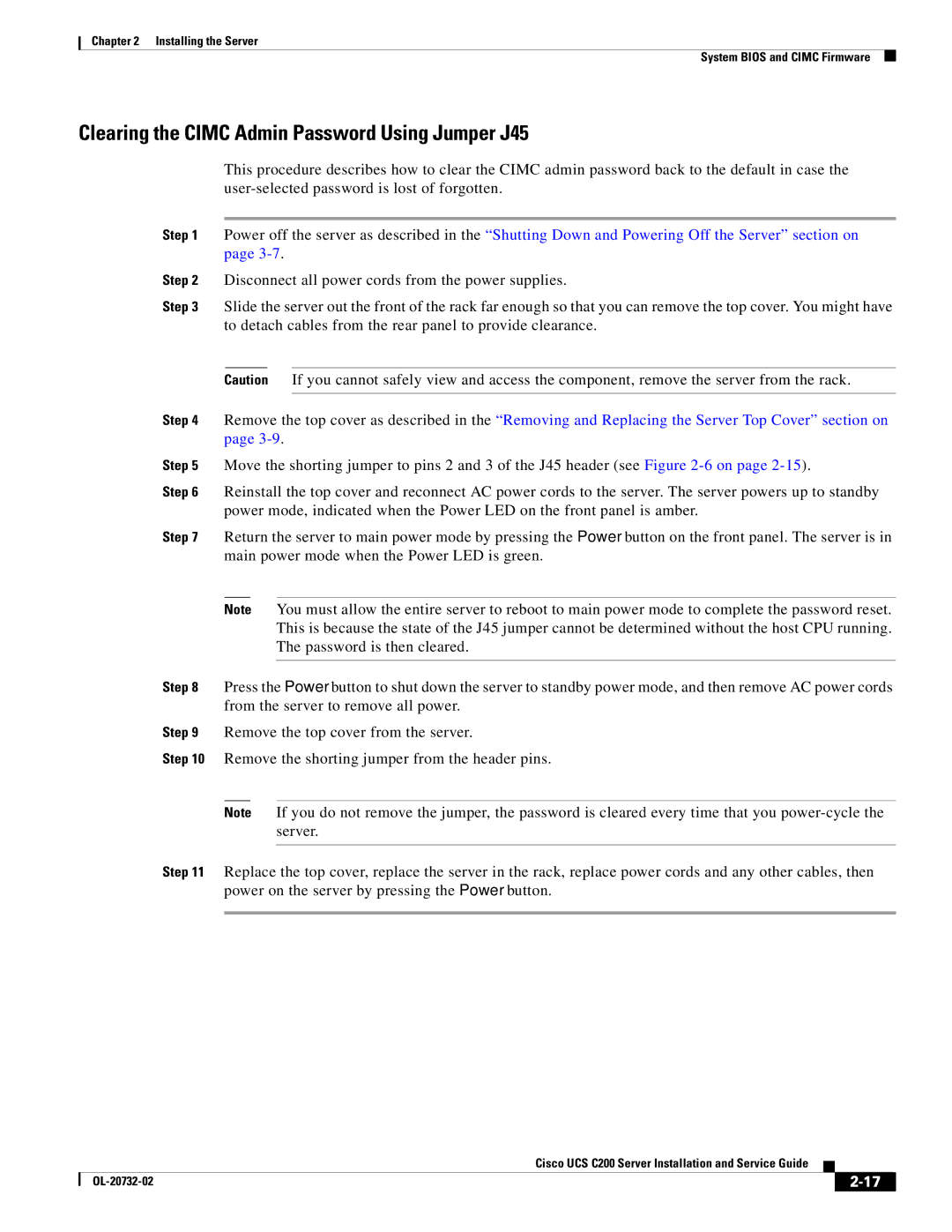 Cisco Systems UCS C200 M1, R2001120402 manual Clearing the Cimc Admin Password Using Jumper J45 