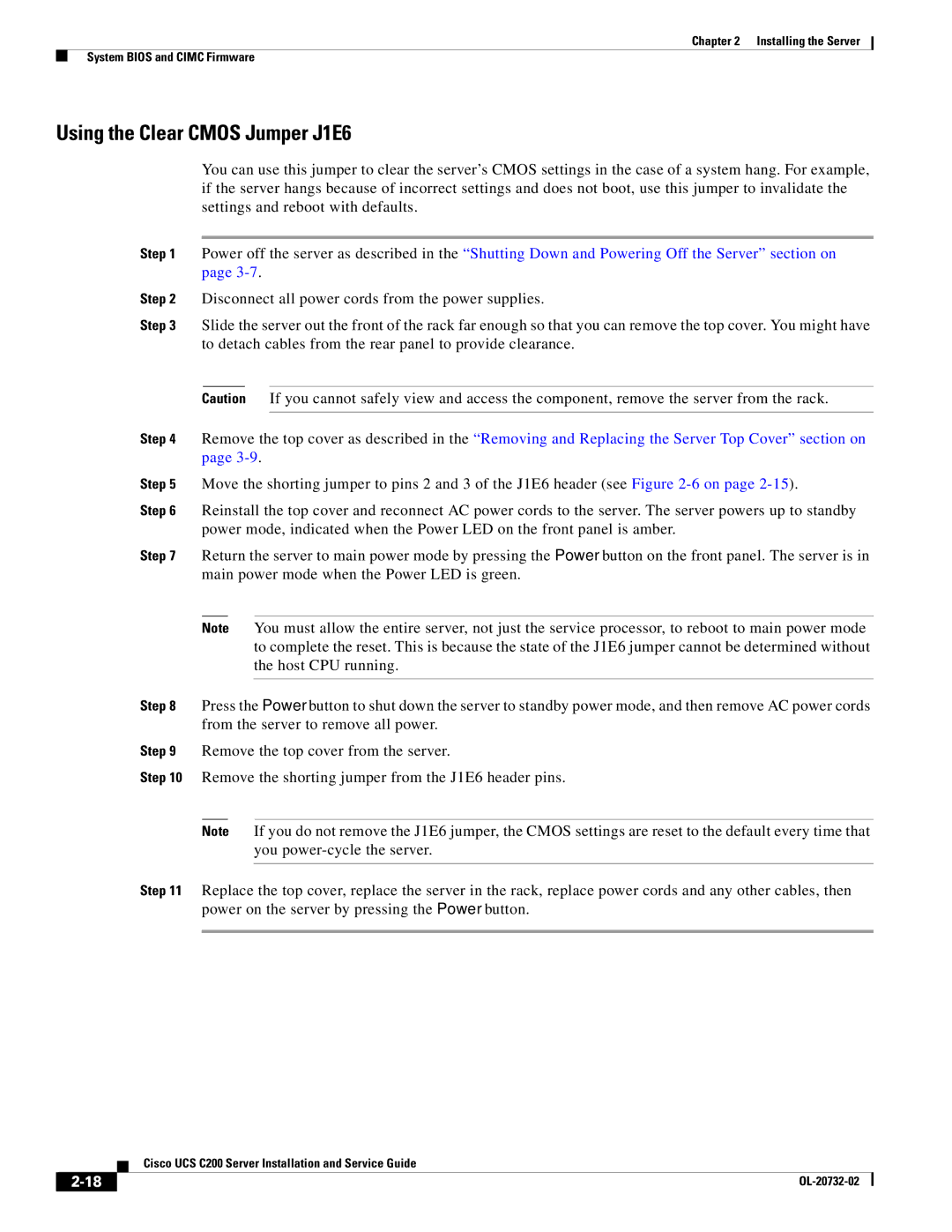 Cisco Systems R2001120402, UCS C200 M1 manual Using the Clear Cmos Jumper J1E6 