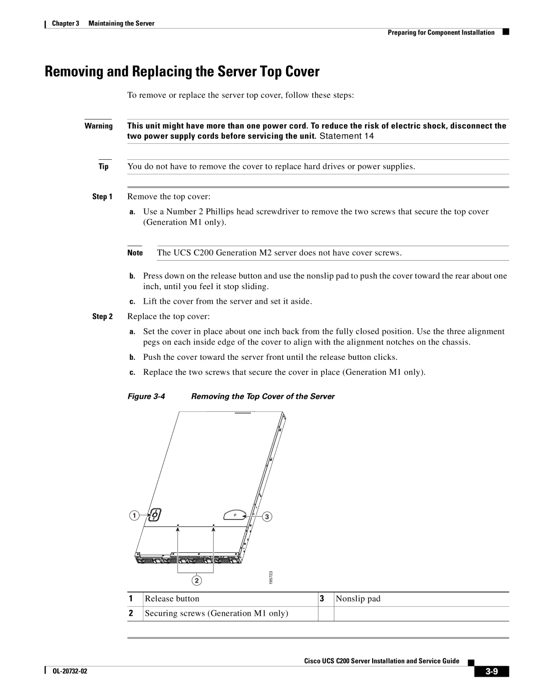 Cisco Systems UCS C200 M1, R2001120402 Removing and Replacing the Server Top Cover, Removing the Top Cover of the Server 