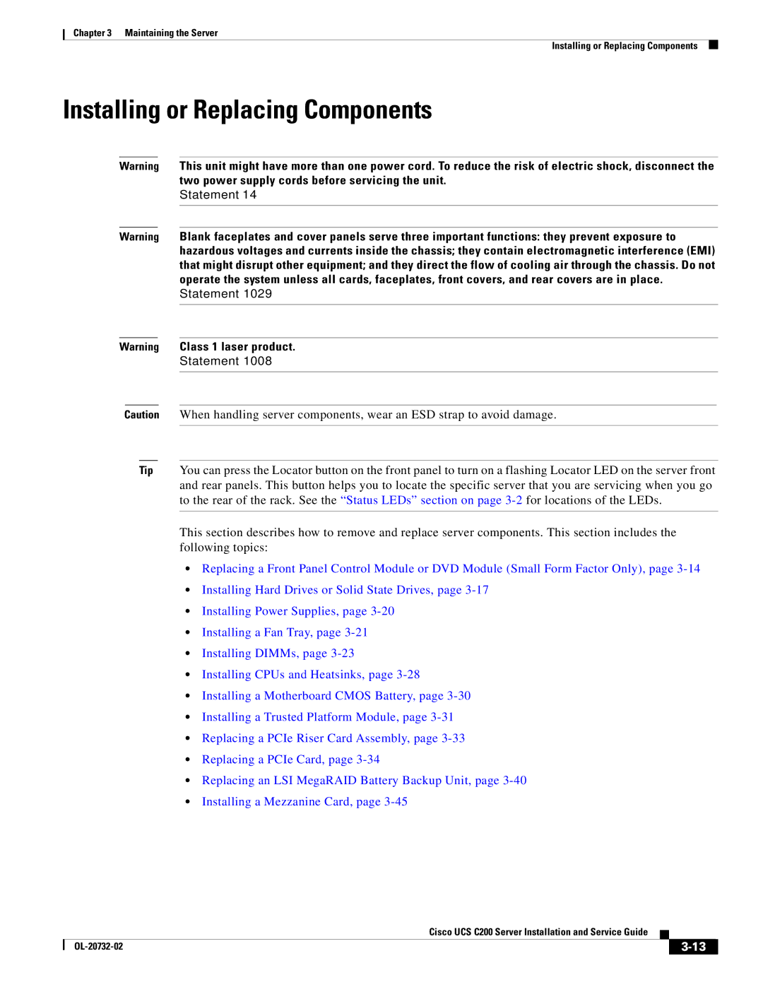 Cisco Systems R2001120402, UCS C200 M1 manual Installing or Replacing Components 