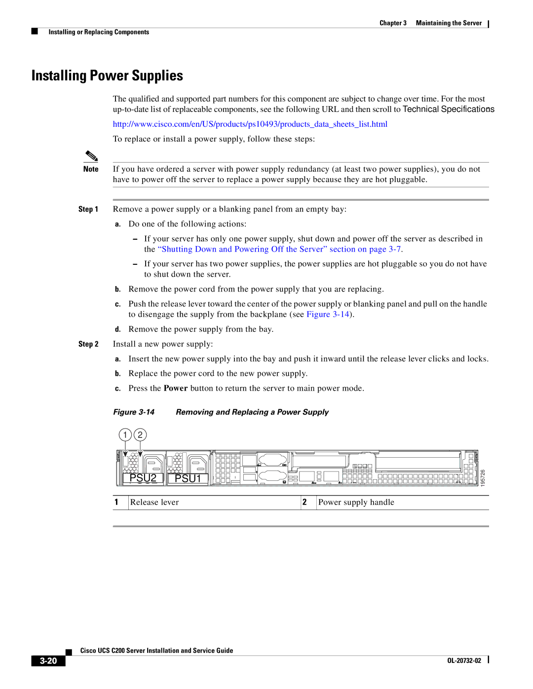 Cisco Systems R2001120402, UCS C200 M1 manual Installing Power Supplies, PSU2 PSU1 