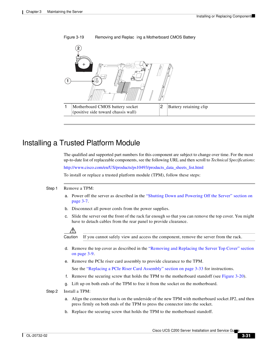 Cisco Systems C200, R2001120402 Installing a Trusted Platform Module, Removing and Replacing a Motherboard Cmos Battery 