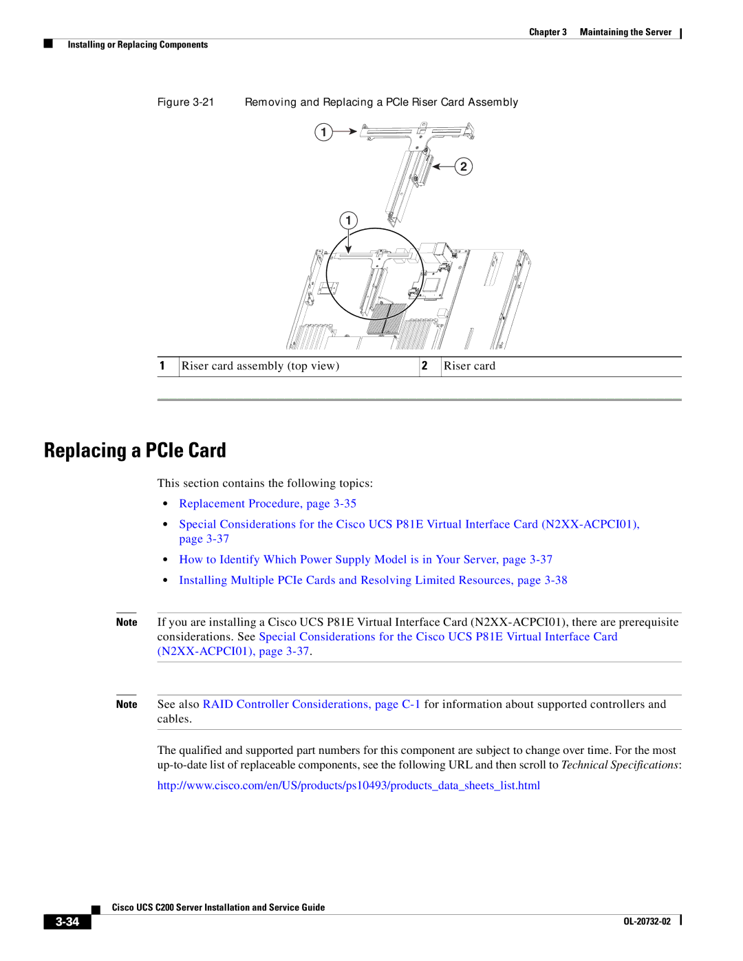 Cisco Systems R2001120402, UCS C200 M1 manual Replacing a PCIe Card, Removing and Replacing a PCIe Riser Card Assembly 