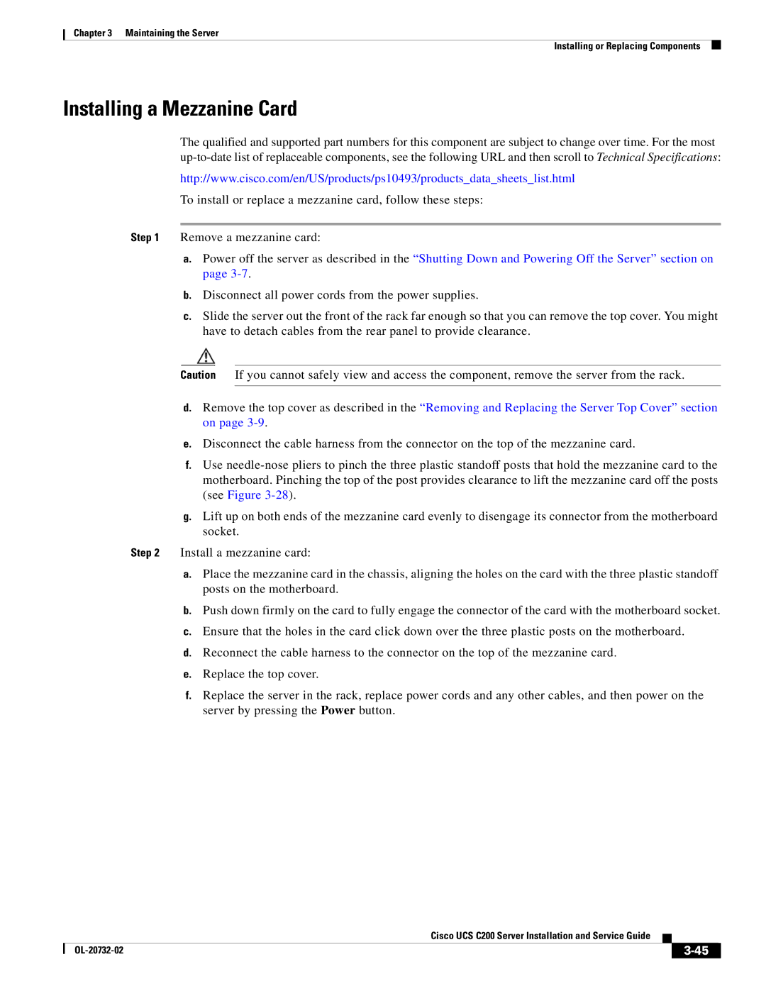 Cisco Systems UCS C200 M1, R2001120402 manual Installing a Mezzanine Card 